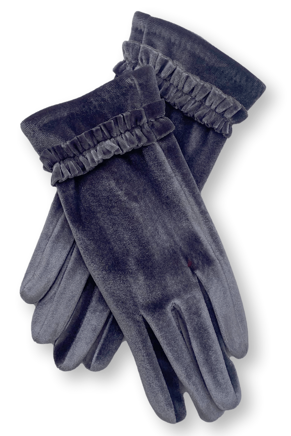 Grey Feminine velvet women's gloves with small wrist ruffle.