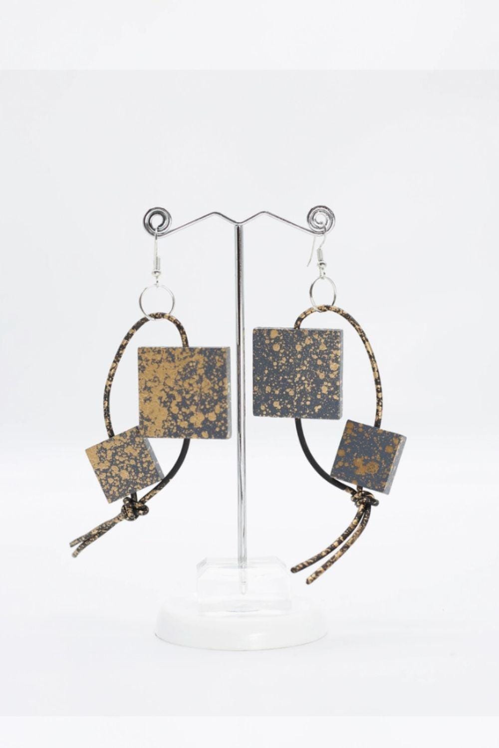 Grey golf wooden Squares dangling from Leatherette Hoops 