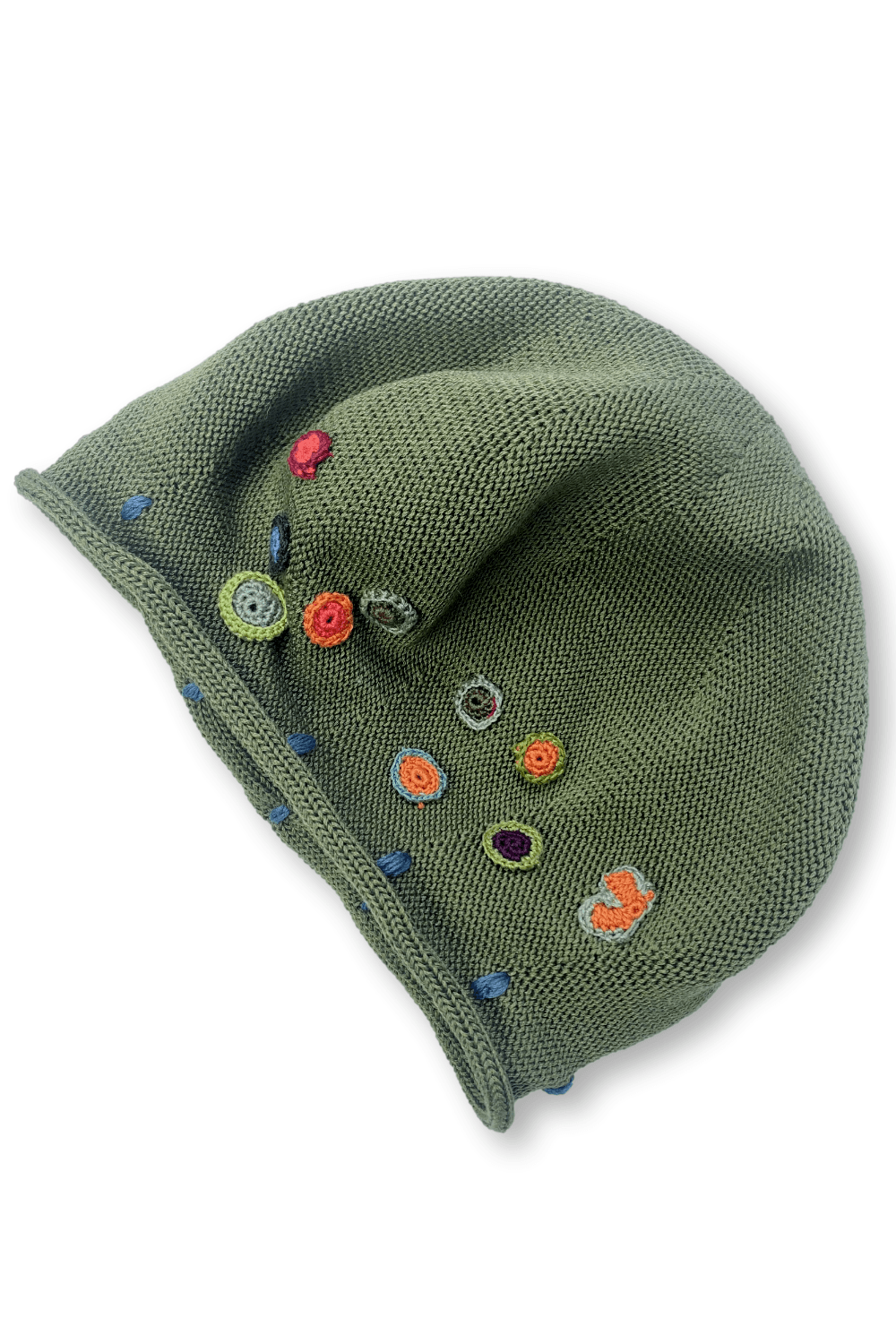 Woman's pima cotton sage color knit tam with tiny decorative flowers.
