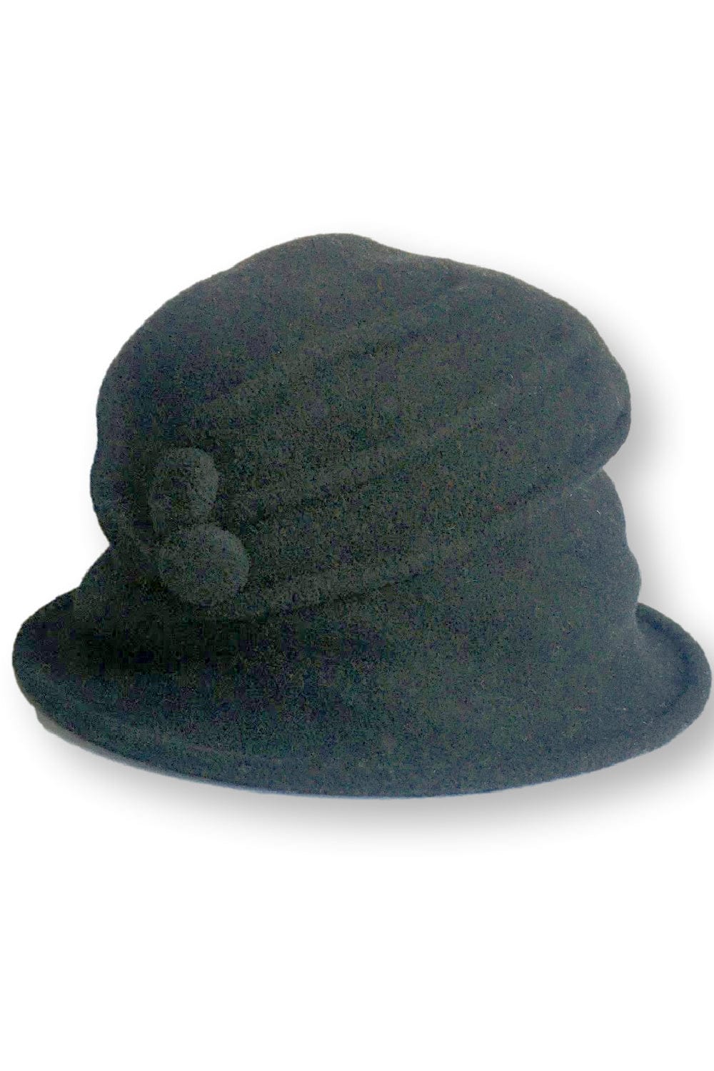 Women's Merino Wool Hat with pleat detail and 2 side buttons. Hat is black color.