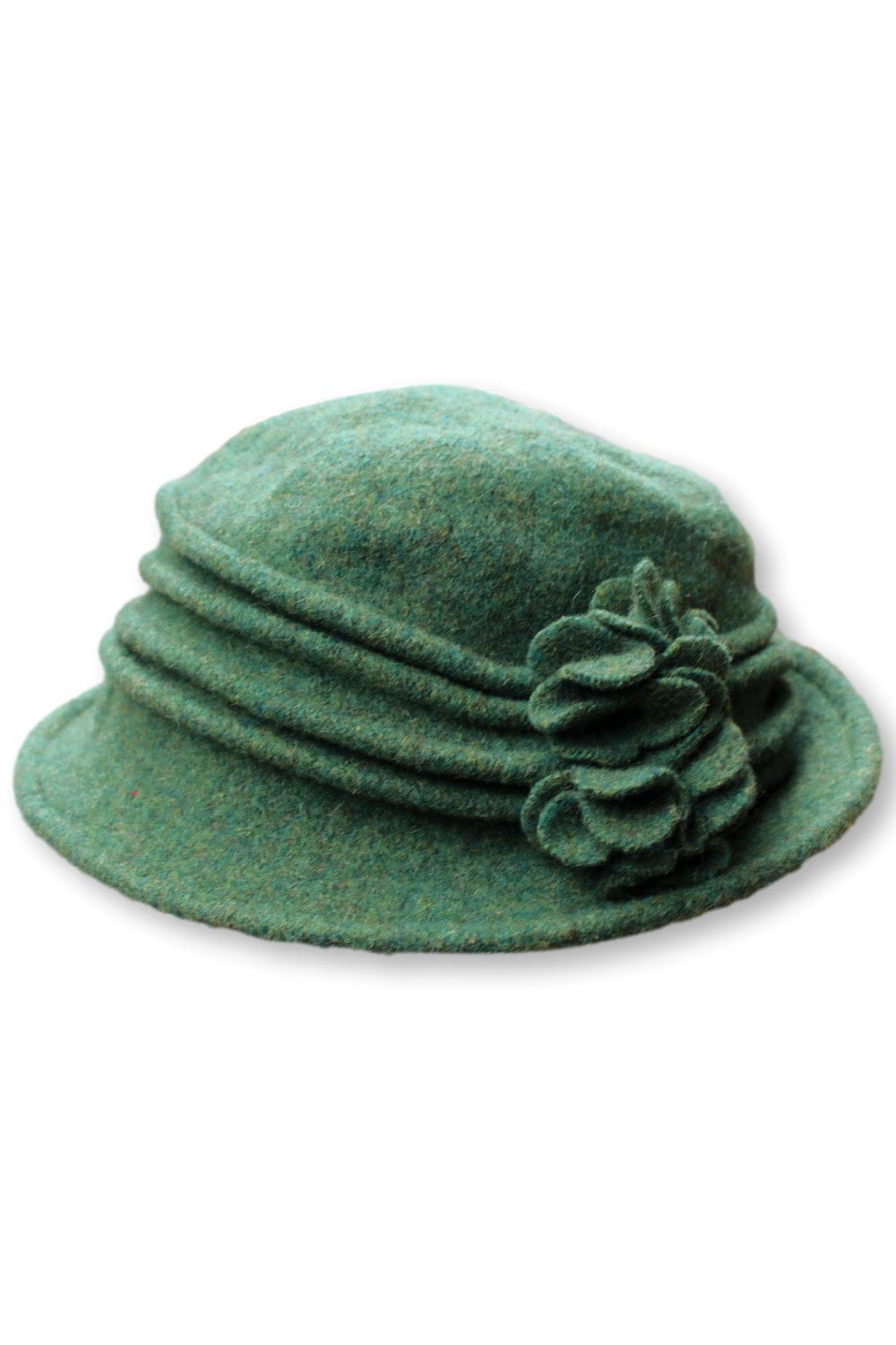Womens Merino Wool hat with pleat detail and 2 side flowers. The hat is a green color.