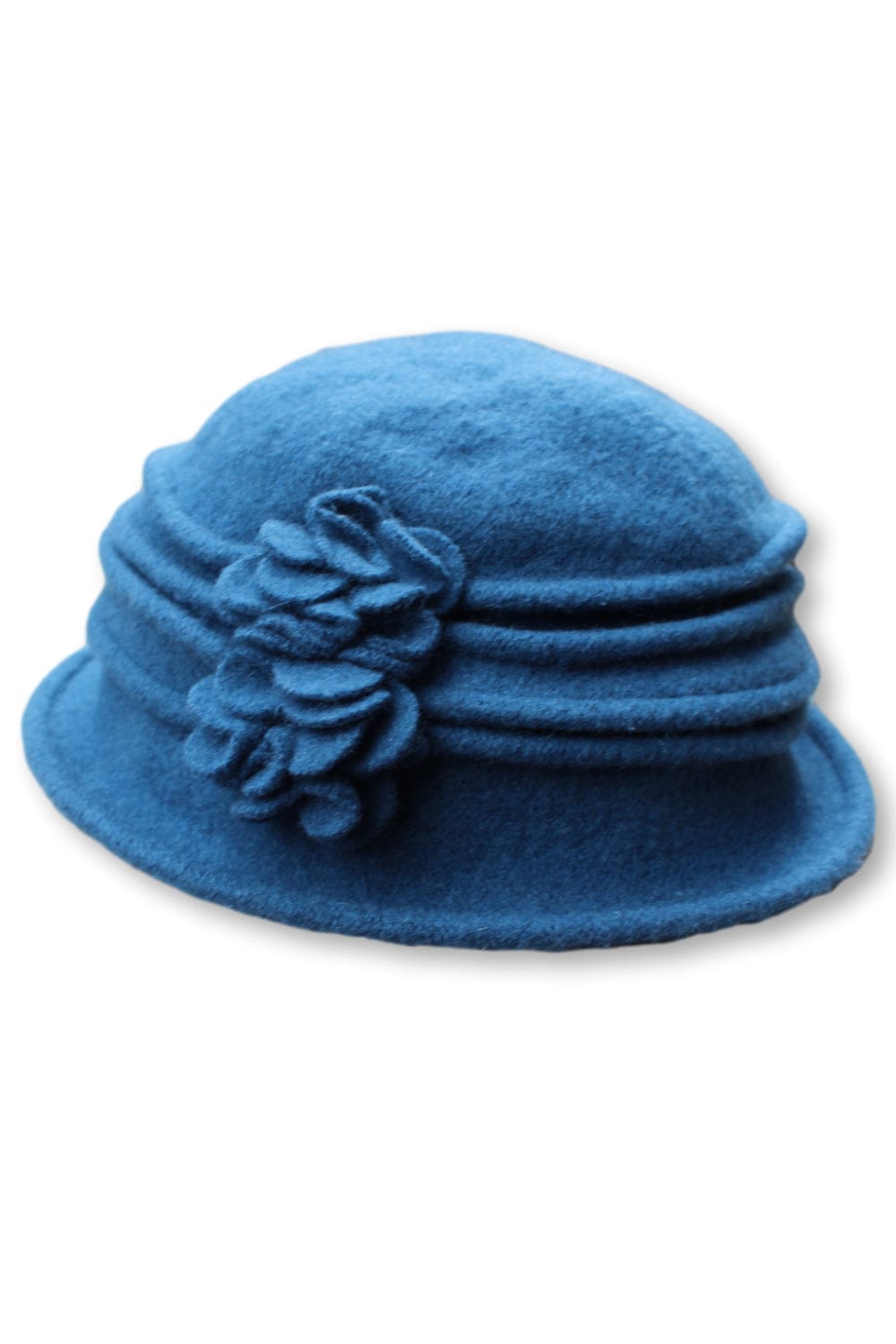 Womens Merino Wool hat with pleat detail and 2 side flowers. The hat is a blue color.