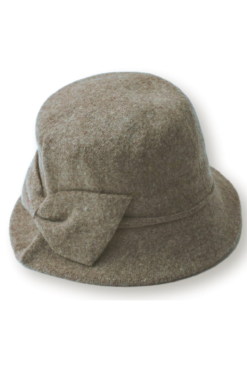 Women's bucket hat with side bow. Hat is merino wool and a beige color.
