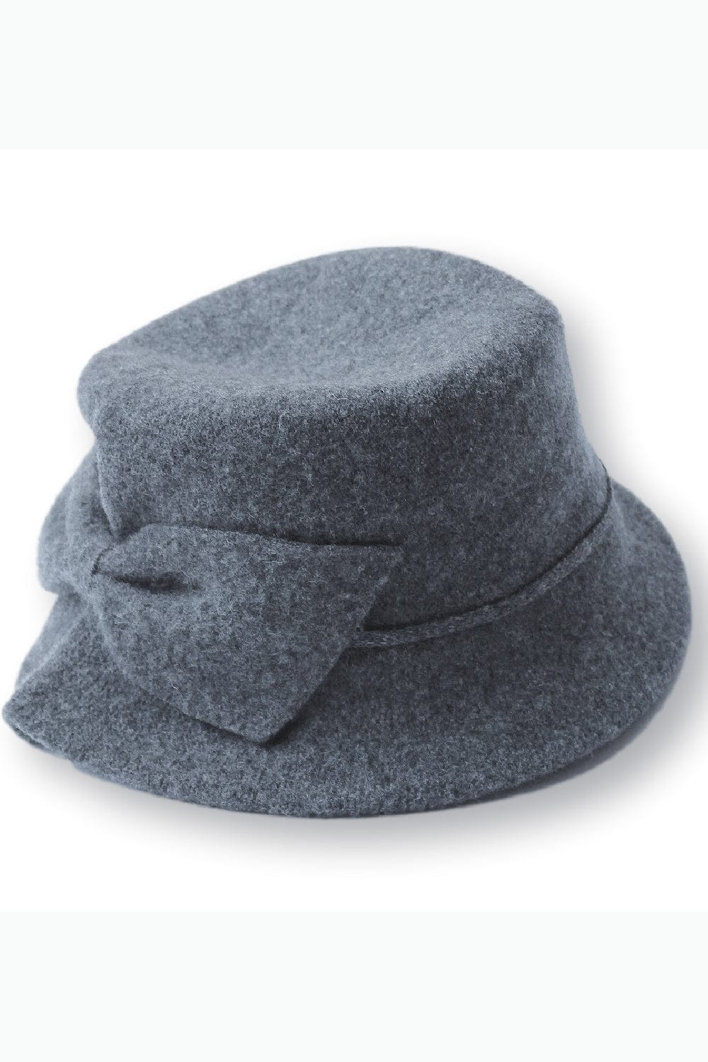 Women's bucket hat with side bow. Hat is merino wool and a grey color.