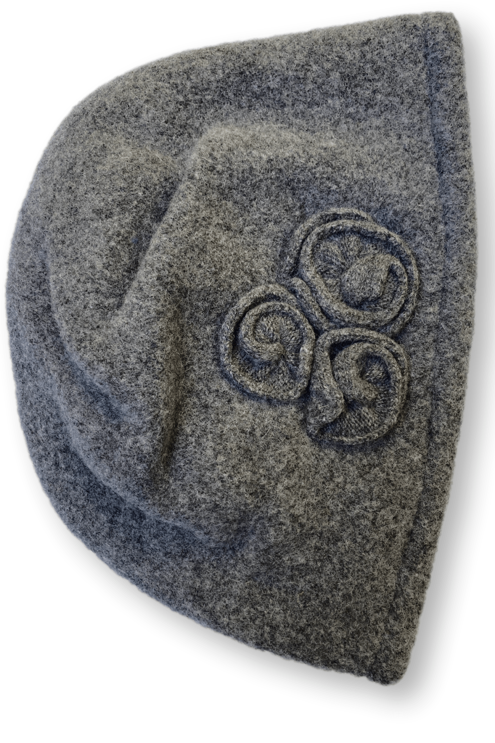 Women's merino wool snug fit hat with 3 decorative side flowers. Hat is grey.