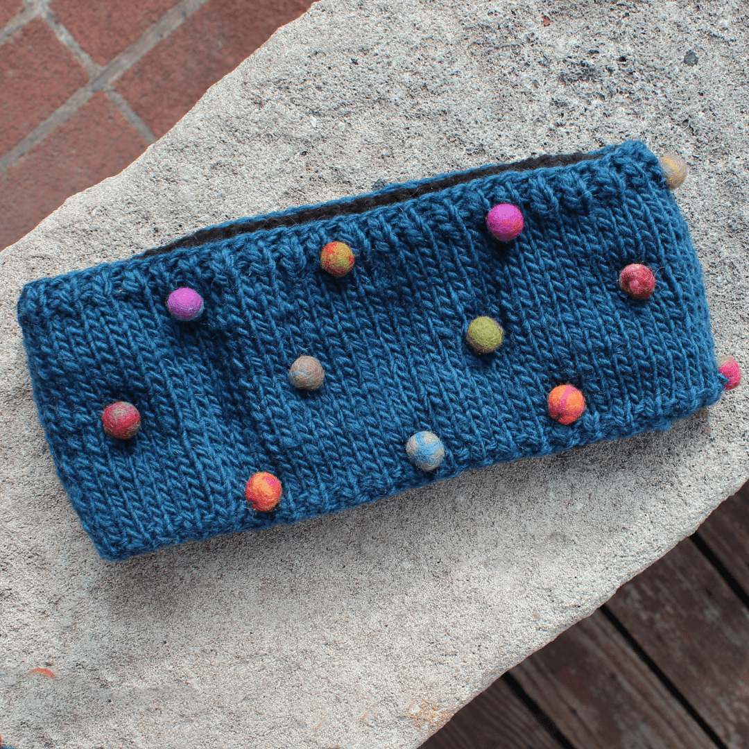 Blue Wool Headband with Felt Dots and lined with black cotton.