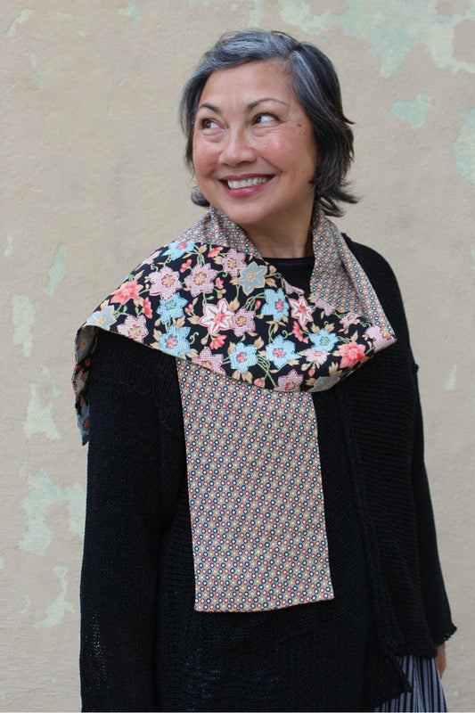 Japanese Vintage Kimono Scarf in a 2 print design. Florals and small print. Rectangle shape.