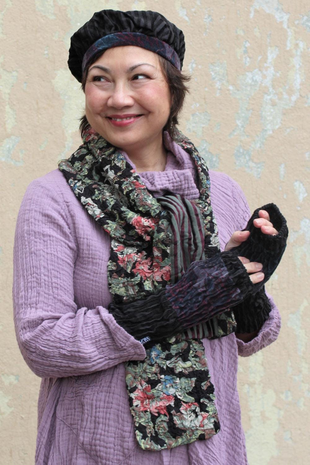 Crinkle Velvet Scarf with matching velvet tam and fingerless gloves. Woman wearing a lavender cowlneck.