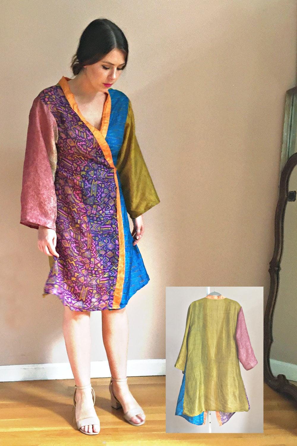 Silk Patchwork kimono worn as a robe. Multi colors and comes with a belt.