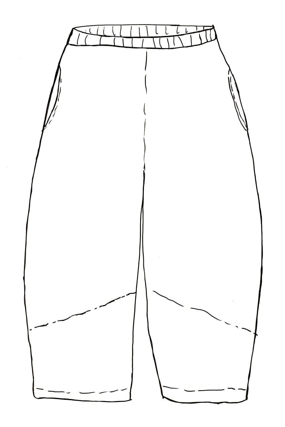 Black line drawing of a women's elastci waisted full cut pant with two seam pockets.