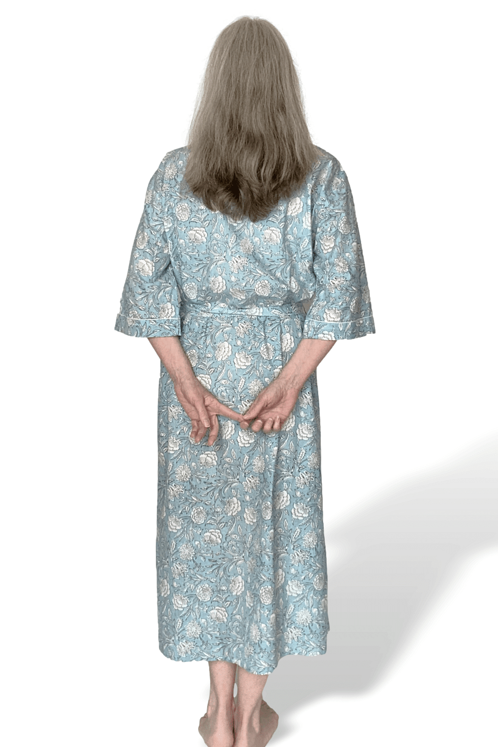 Light Blue Back View Floral Cotton Full Length Robe