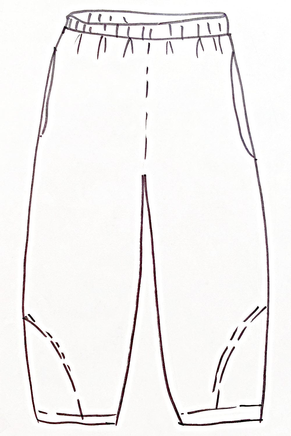 Line drawing of women's loose fit pant with elastic waist and two side pockets.
