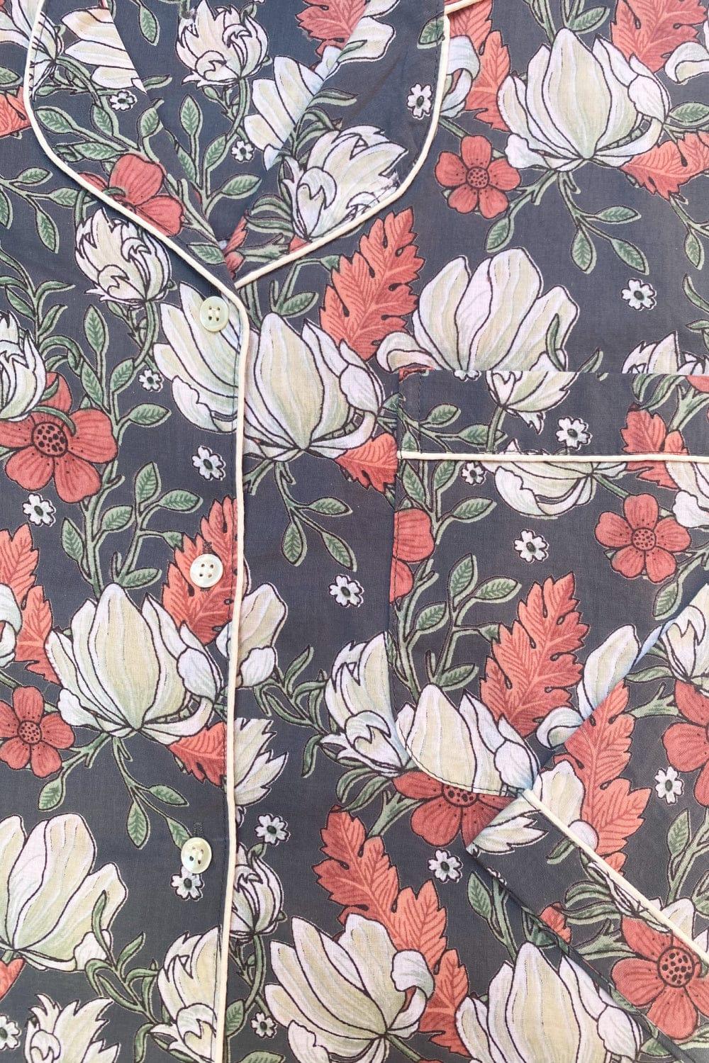 Close up of of grey floral women's nightshirt.