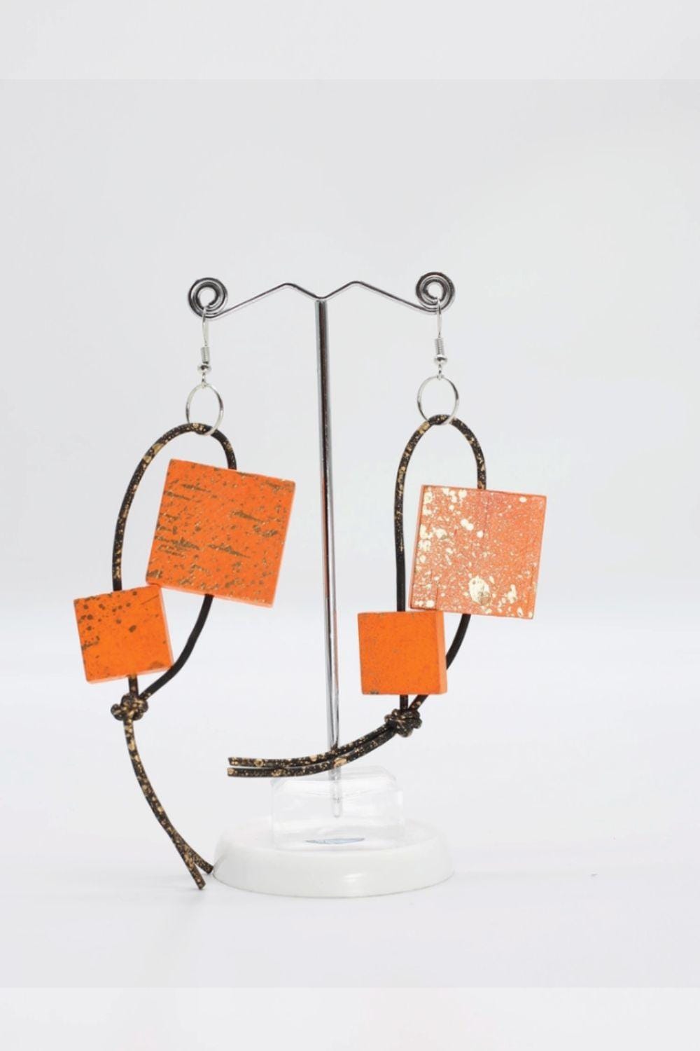 Orange Gold Wooden Squares dangling from Leatherette Hoops 