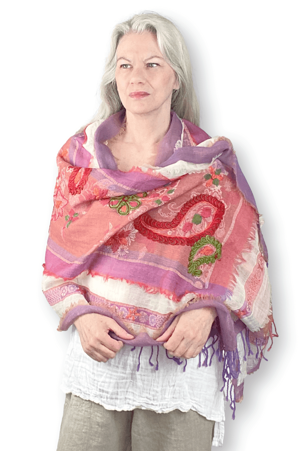 Pink and Lavender paper wool scarf with hand stitched design detail.