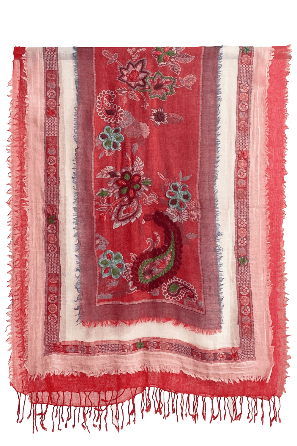 Reds and pink paper wool scarf with hand stitched design detail.