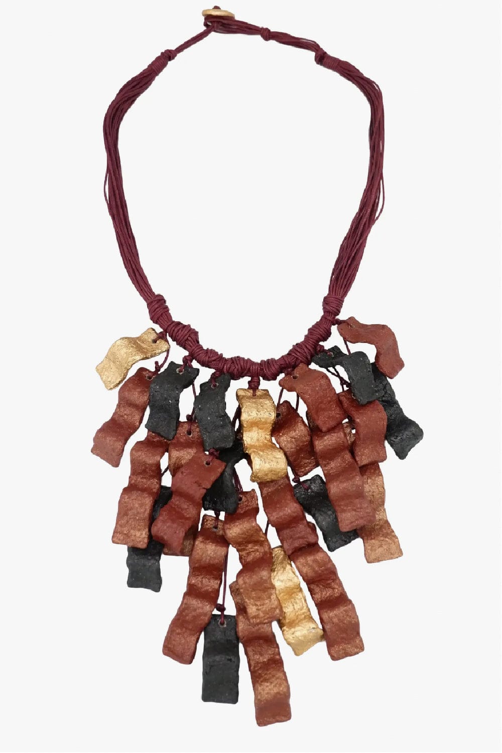 Rust, gold and black recycled paper necklace designed with rectangel tabs cascading down the neckline.