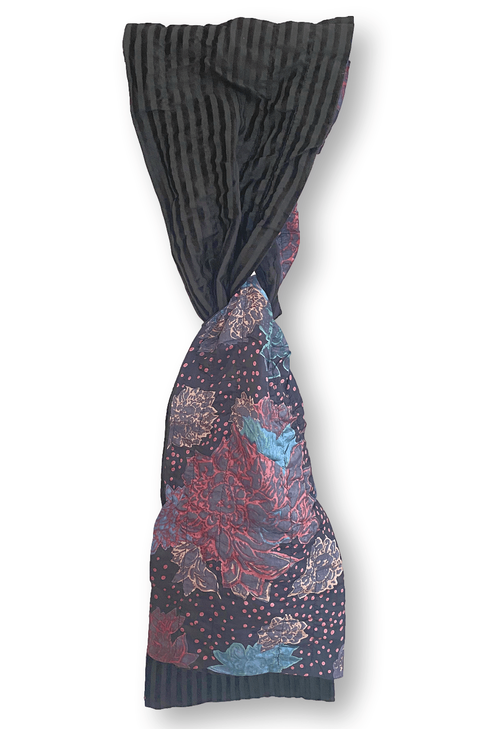 Velvet reversible scarf with black stripes and a floral design in black tones.