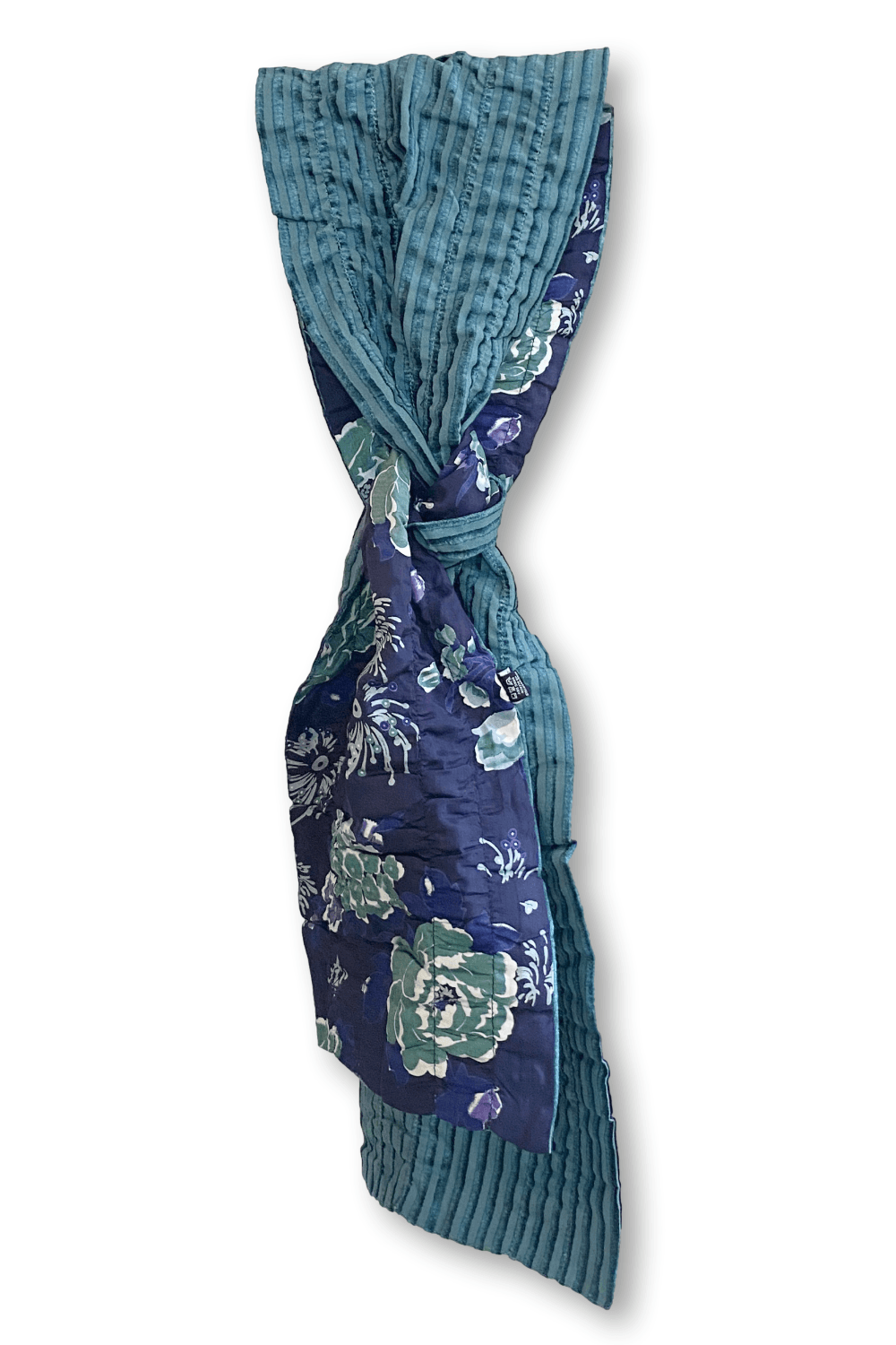 Velvet reversible scarf with stripes and a floral design in teal tones.