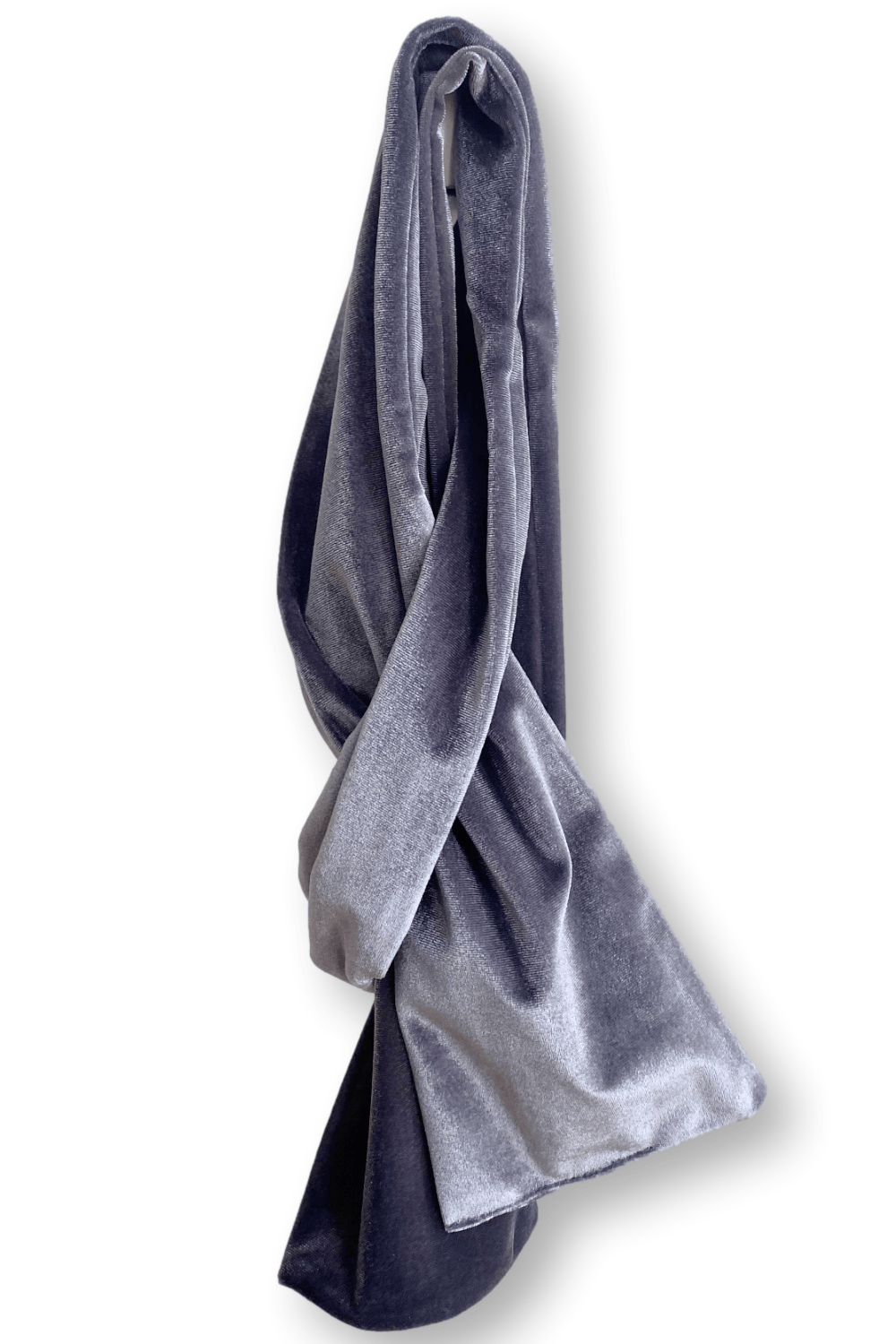 Soft luxurious velvet scarf in a grey color.