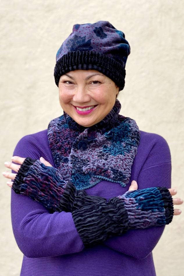 Woman's winter velvet hat reversible floral and stripe looks cute with velvet cuff gloves and collar scarf.