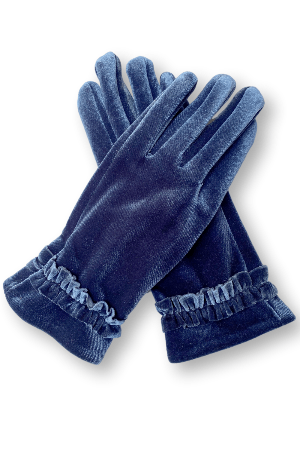 Vintage Blue Feminine velvet women's gloves with small wrist ruffle.