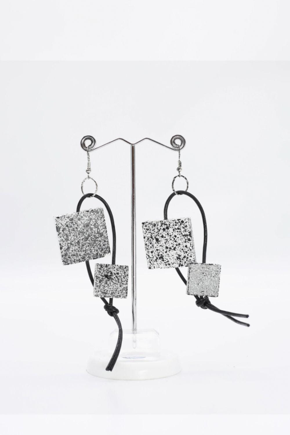 White Black Wooden Squares dangling from Leatherette Hoops 