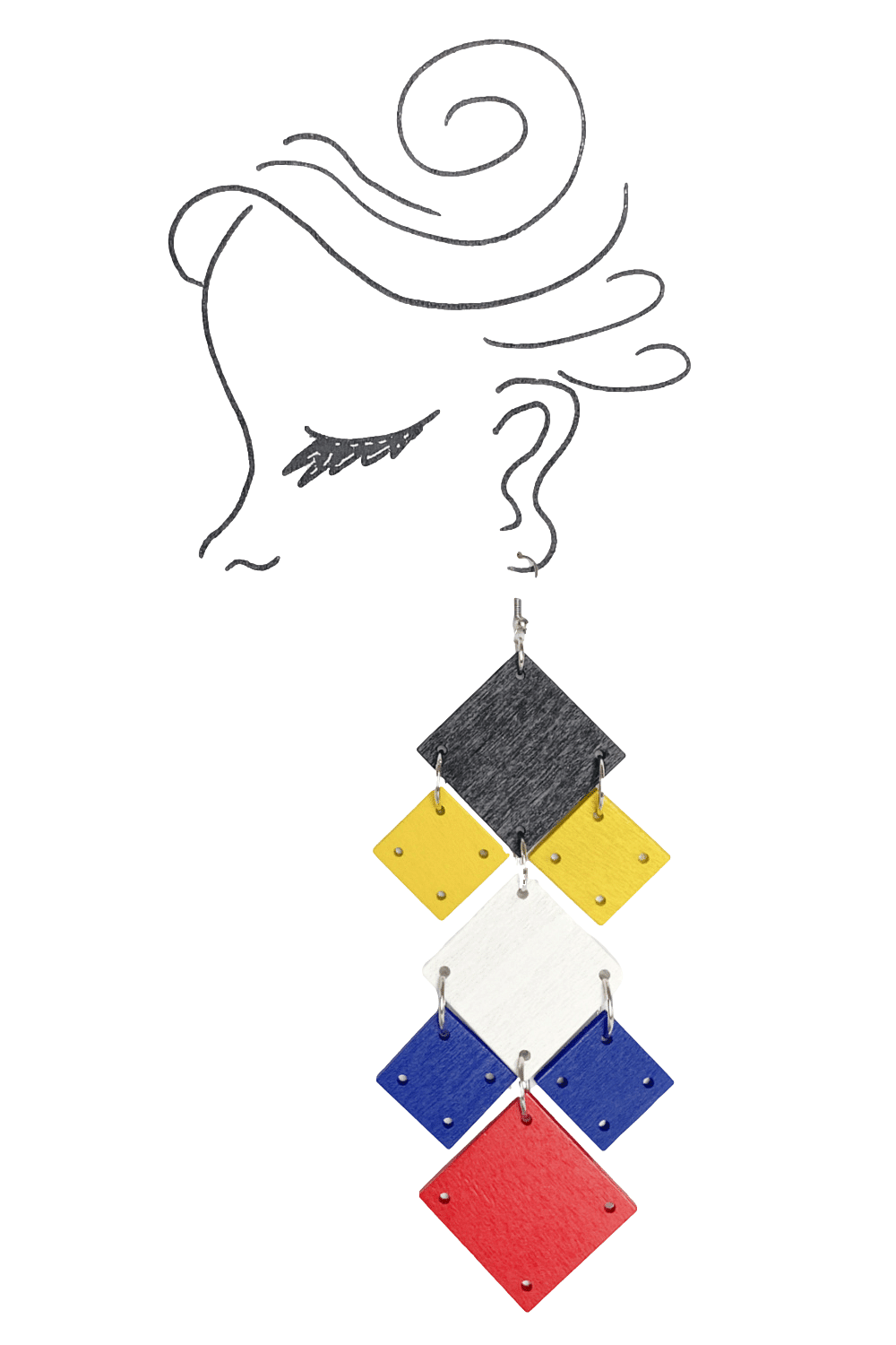 Blue, Red, Yellow, White and Black Wooden Squares Chandelier Earrings