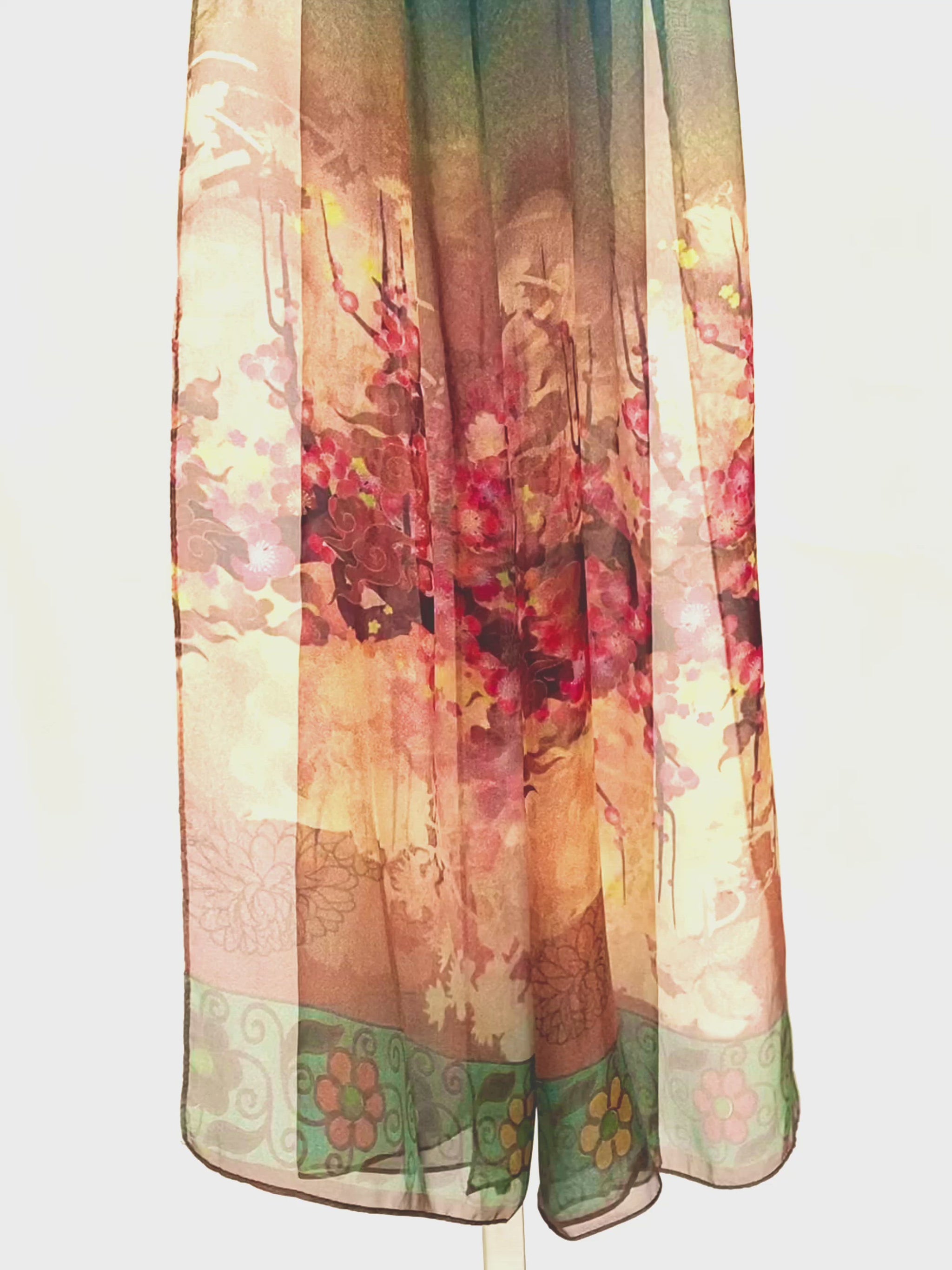 Tree Branch silk scarf moving in a suble breeze. Very light and sheer. Reds and green tones.