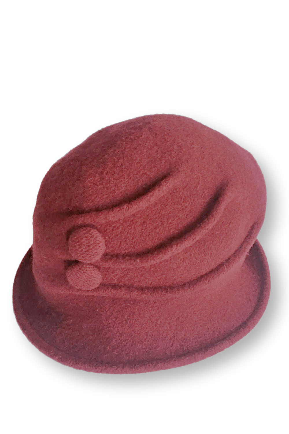 Women's Merino Wool Hat with pleat detail and 2 side buttons. Hat is cranberry color.