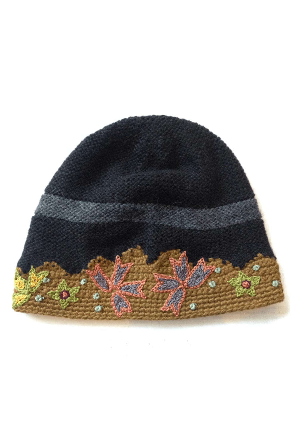 Hand knit alpaca hat black trimmed with mustard knit and embellished with flowers.