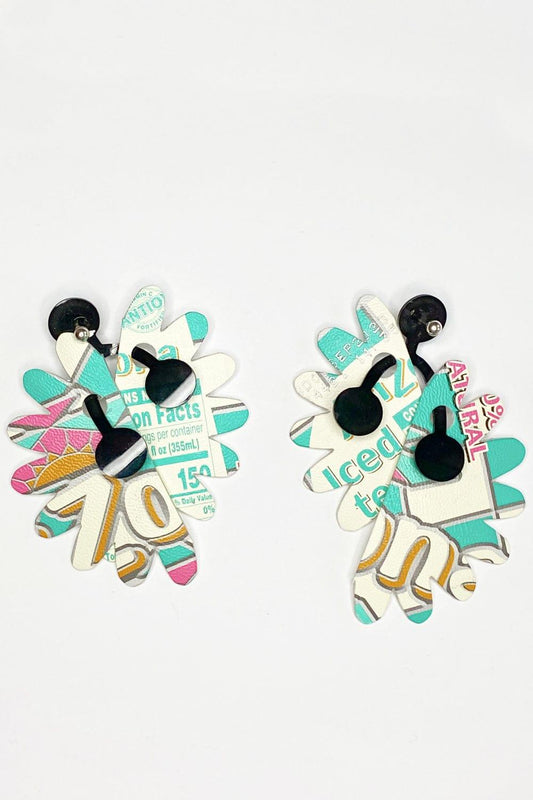 Aqua, pink, ivory and black colored plastic earrings cut out in a floral shape.
