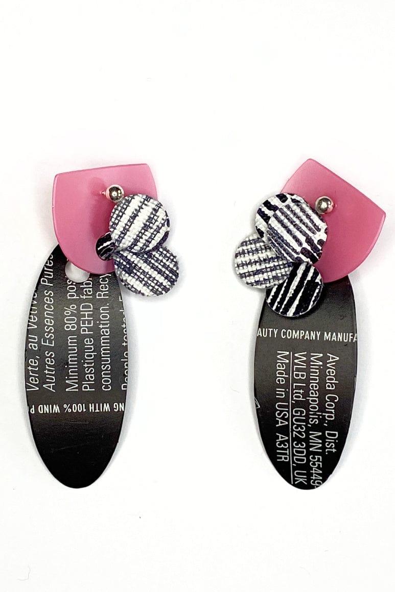 Elliptical Shaped Recycled Plastic Earrings with post. Black, pink  and white colors.